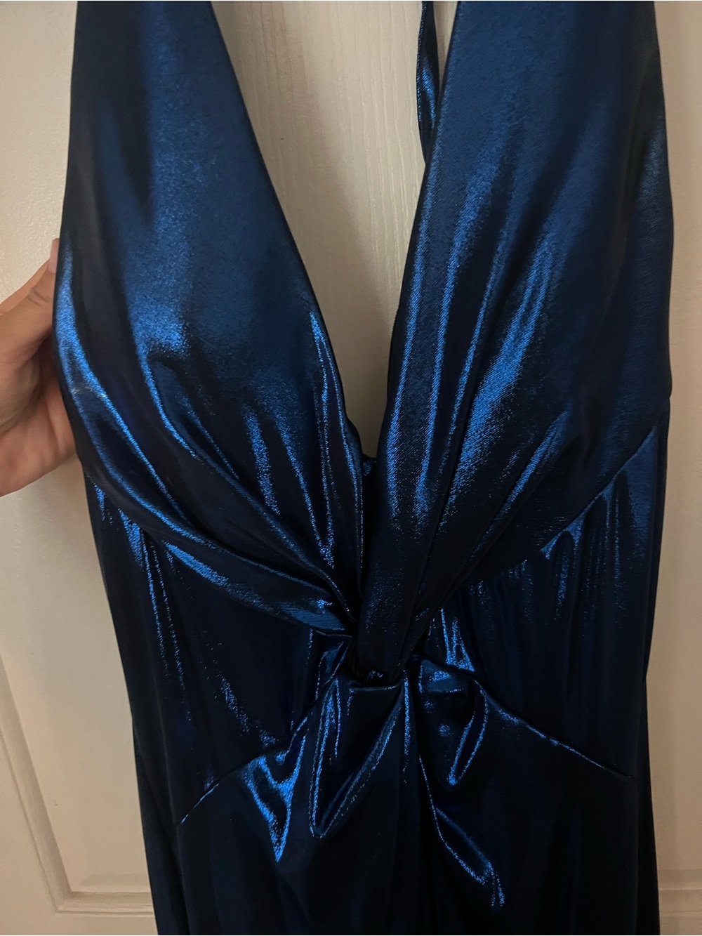 Jessica McClintock Metallic Navy Plunge Prom Dress